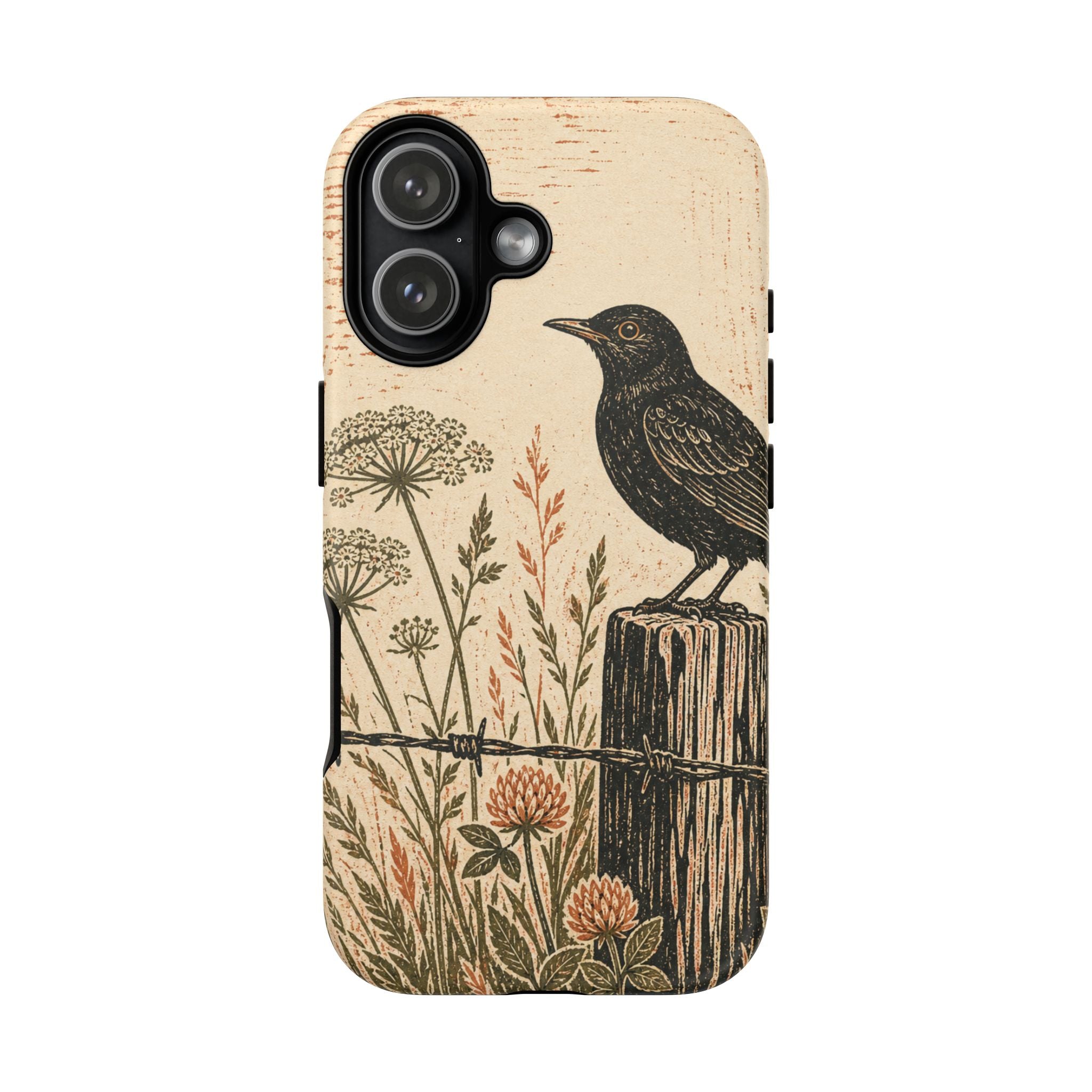 Rustic Matte iPhone Case for iPhone 15–17, Blackbird Linocut