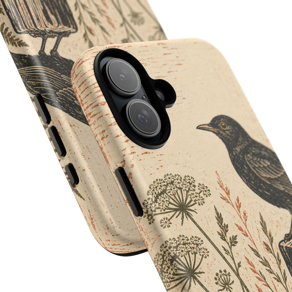 Rustic Matte iPhone Case for iPhone 15–17, Blackbird Linocut