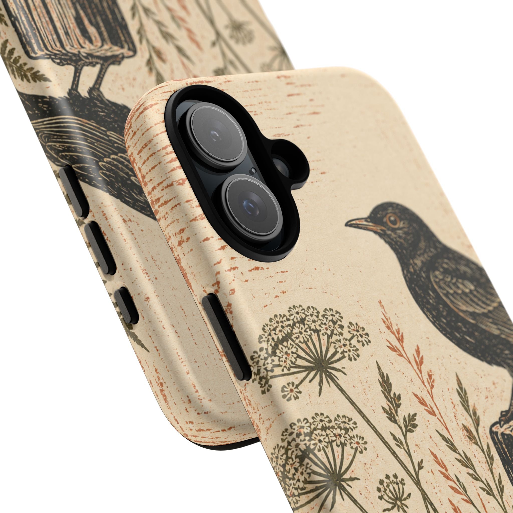 Rustic Matte iPhone Case for iPhone 15–17, Blackbird Linocut