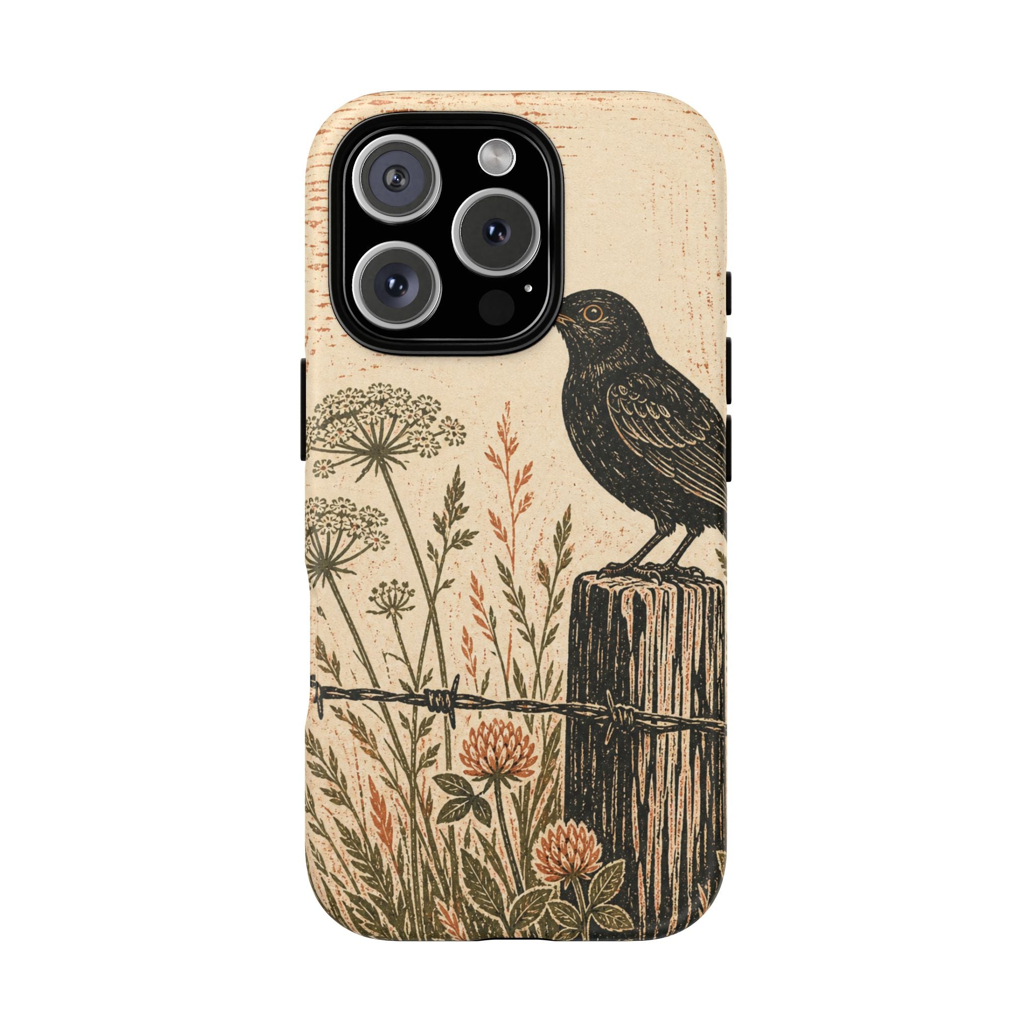 Rustic Matte iPhone Case for iPhone 15–17, Blackbird Linocut