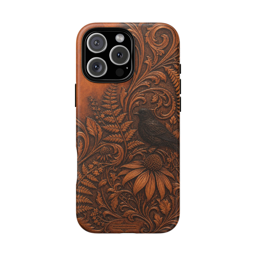 Floral Matte iPhone Case for iPhone 15–17, Tooled Leather Look