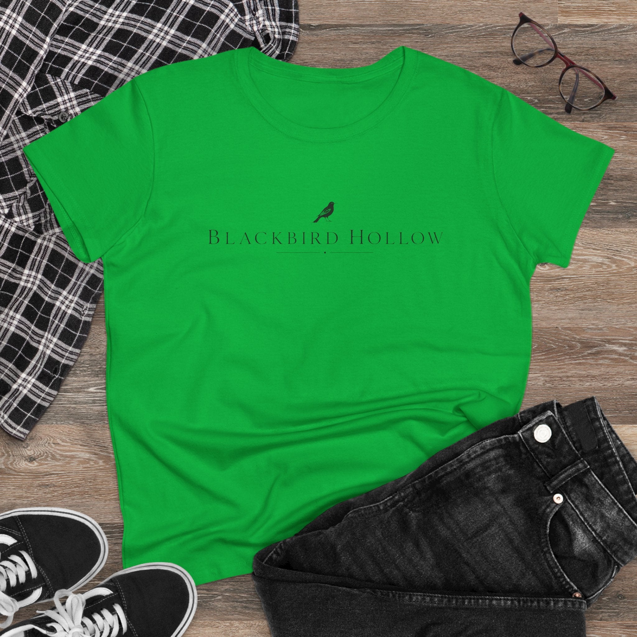 Blackbird Hollow Women's Tee — Minimal Script Logo Cotton Shirt