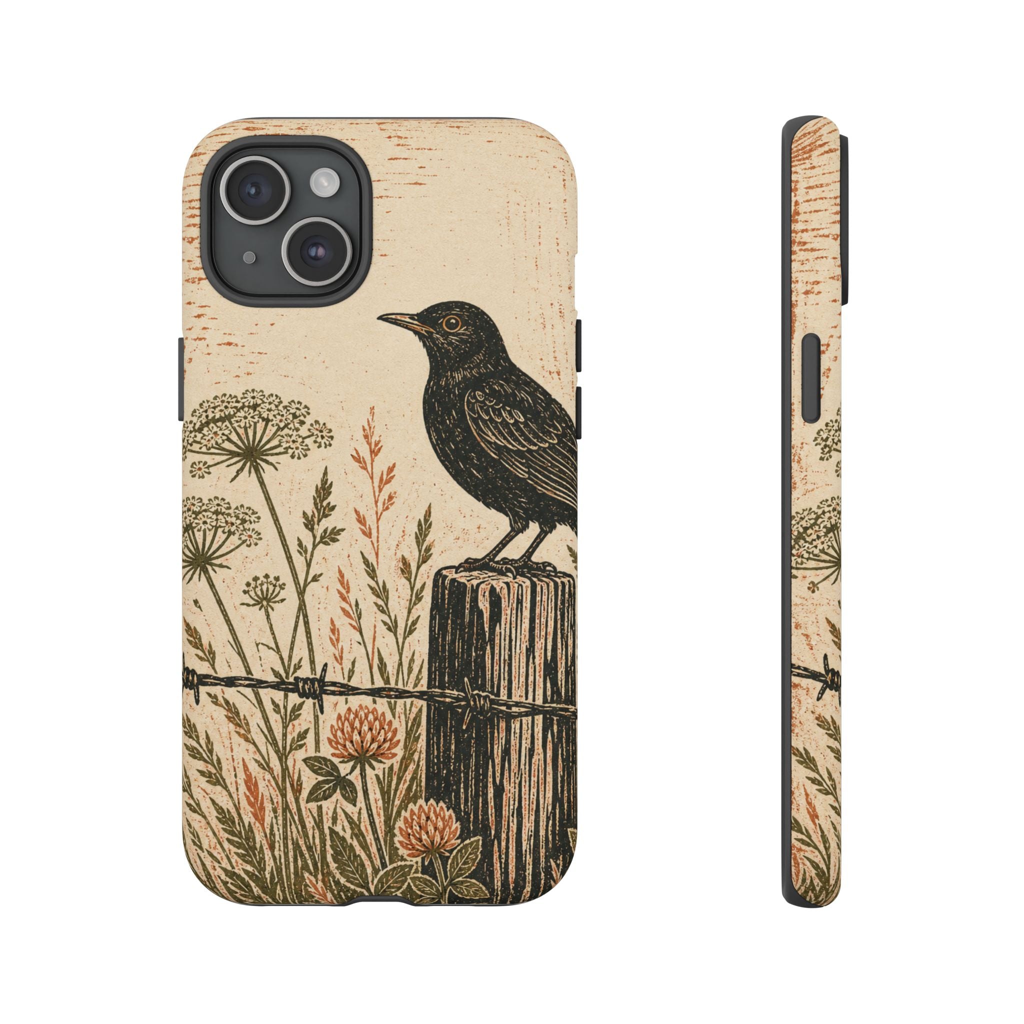 Rustic Matte iPhone Case for iPhone 15–17, Blackbird Linocut