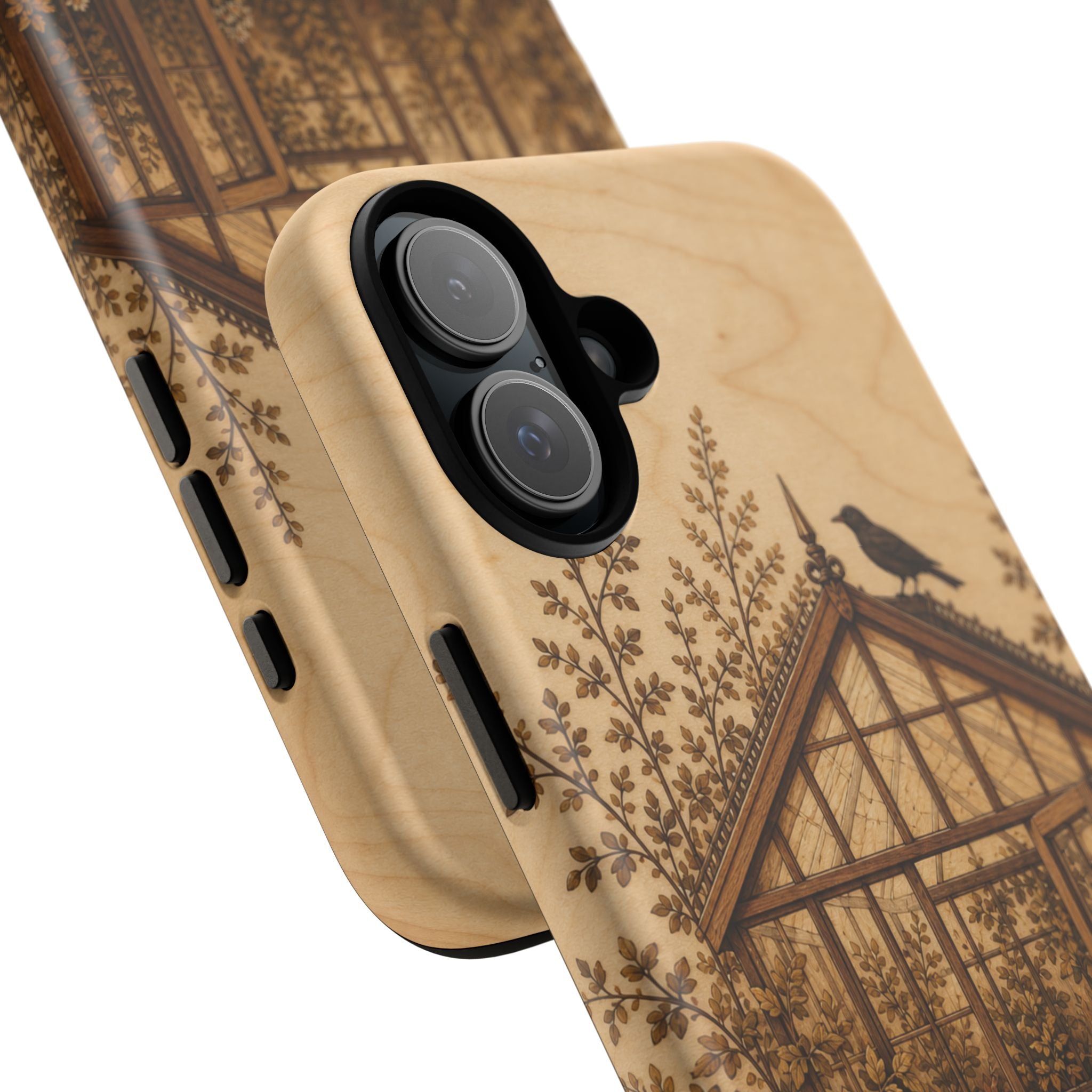 Botanical iPhone Case for iPhone 15–17, Wood Marquetry Greenhouse