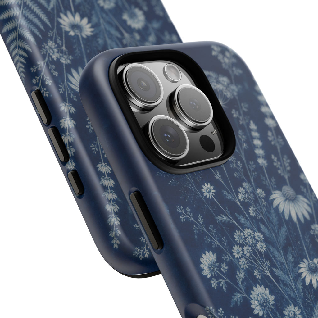 Blue Botanical iPhone Case for iPhone 15–17, Cyanotype Wildflowers
