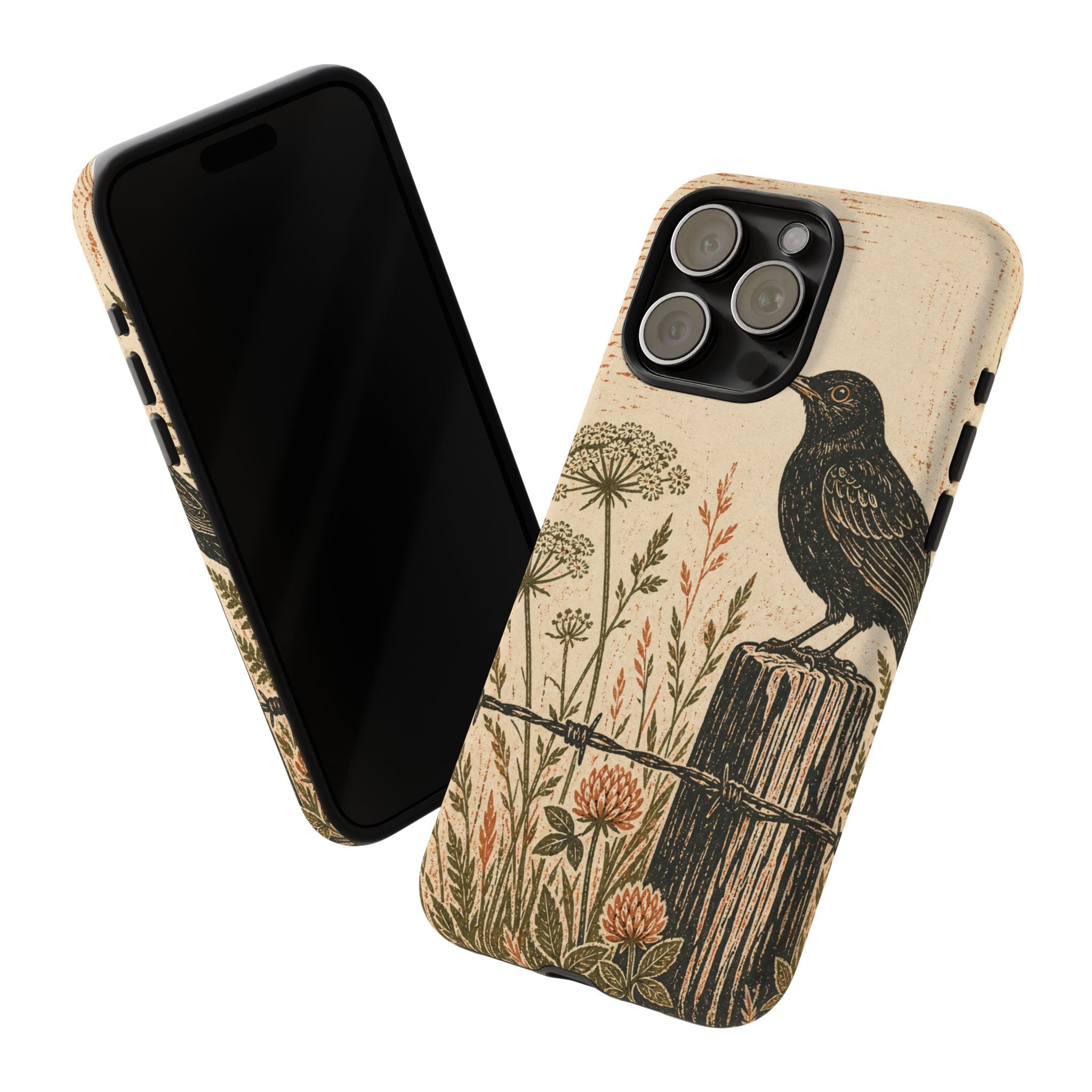 Rustic Matte iPhone Case for iPhone 15–17, Blackbird Linocut