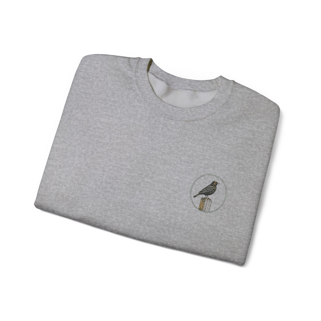 White Crewneck Sweatshirt with Embroidered Patch — Blackbird Graphic