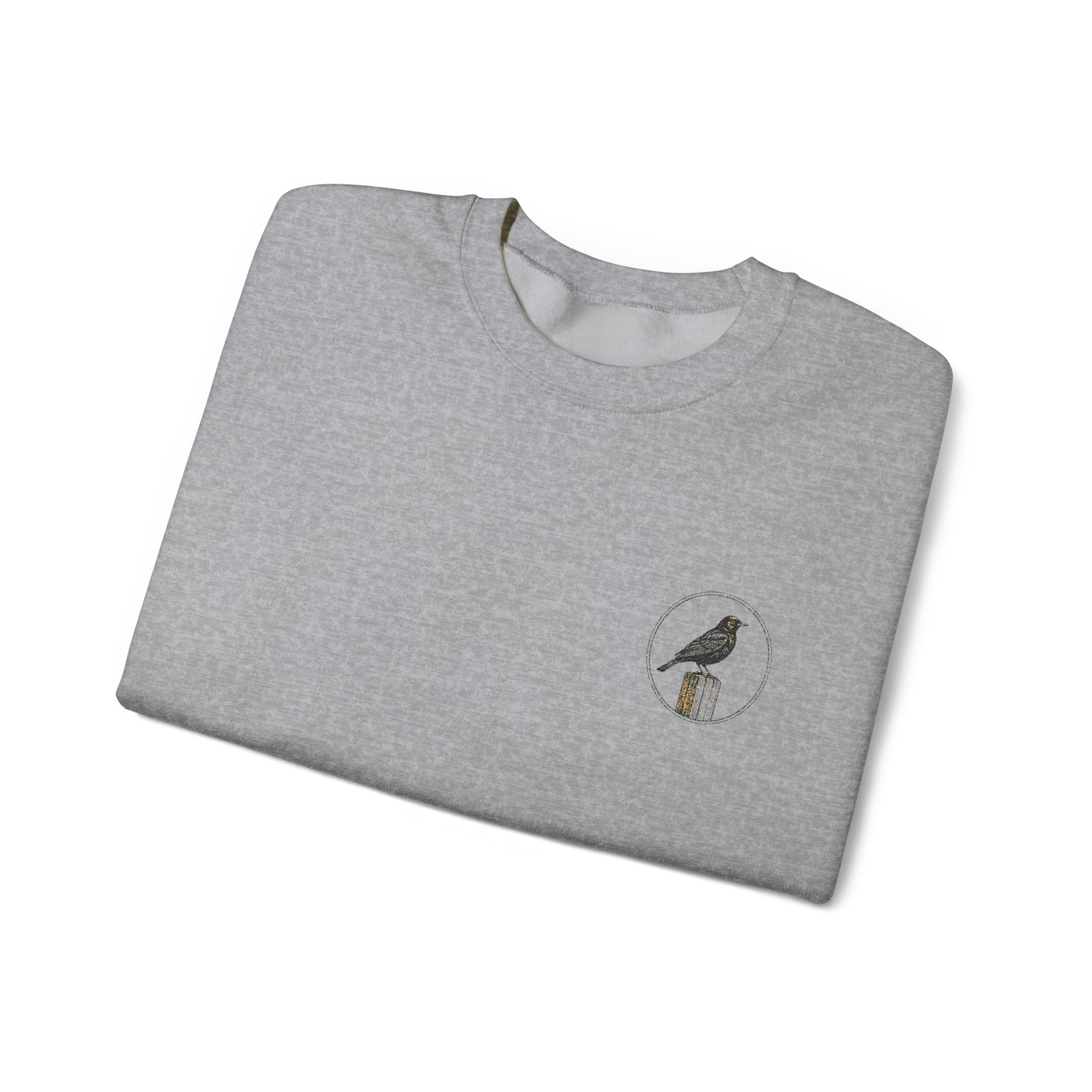 White Crewneck Sweatshirt with Embroidered Patch — Blackbird Graphic
