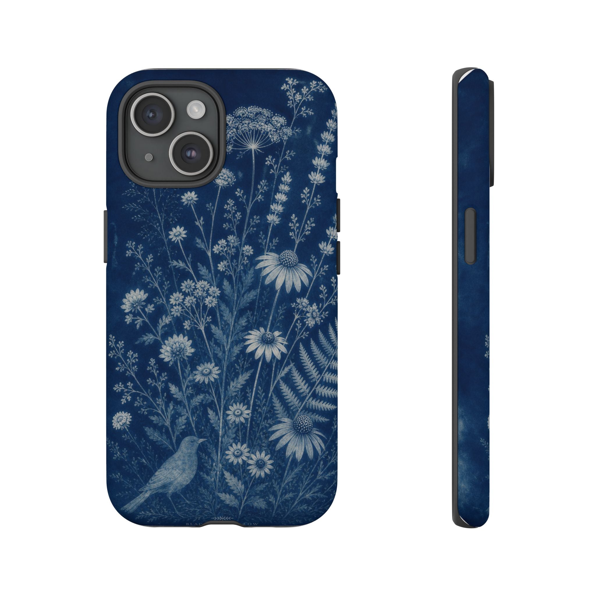 Blue Botanical iPhone Case for iPhone 15–17, Cyanotype Wildflowers