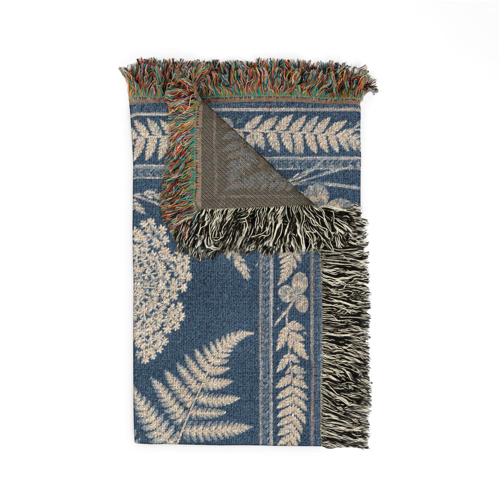 Blue Botanical Woven Throw Blanket, Cyanotype Wildflower Tapestry