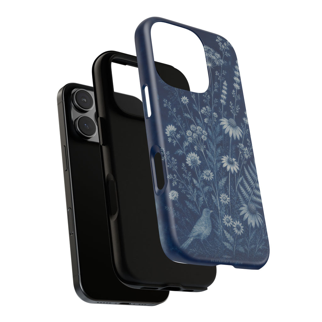 Blue Botanical iPhone Case for iPhone 15–17, Cyanotype Wildflowers