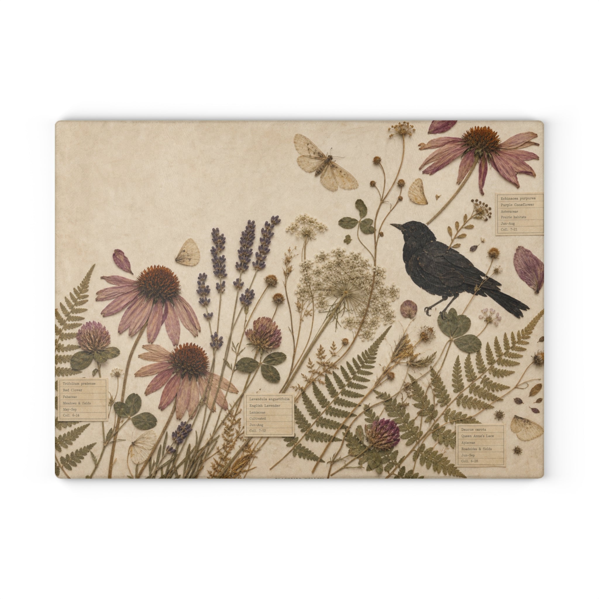 Botanical Glass Cutting Board, Pressed Wildflower Herbarium Design