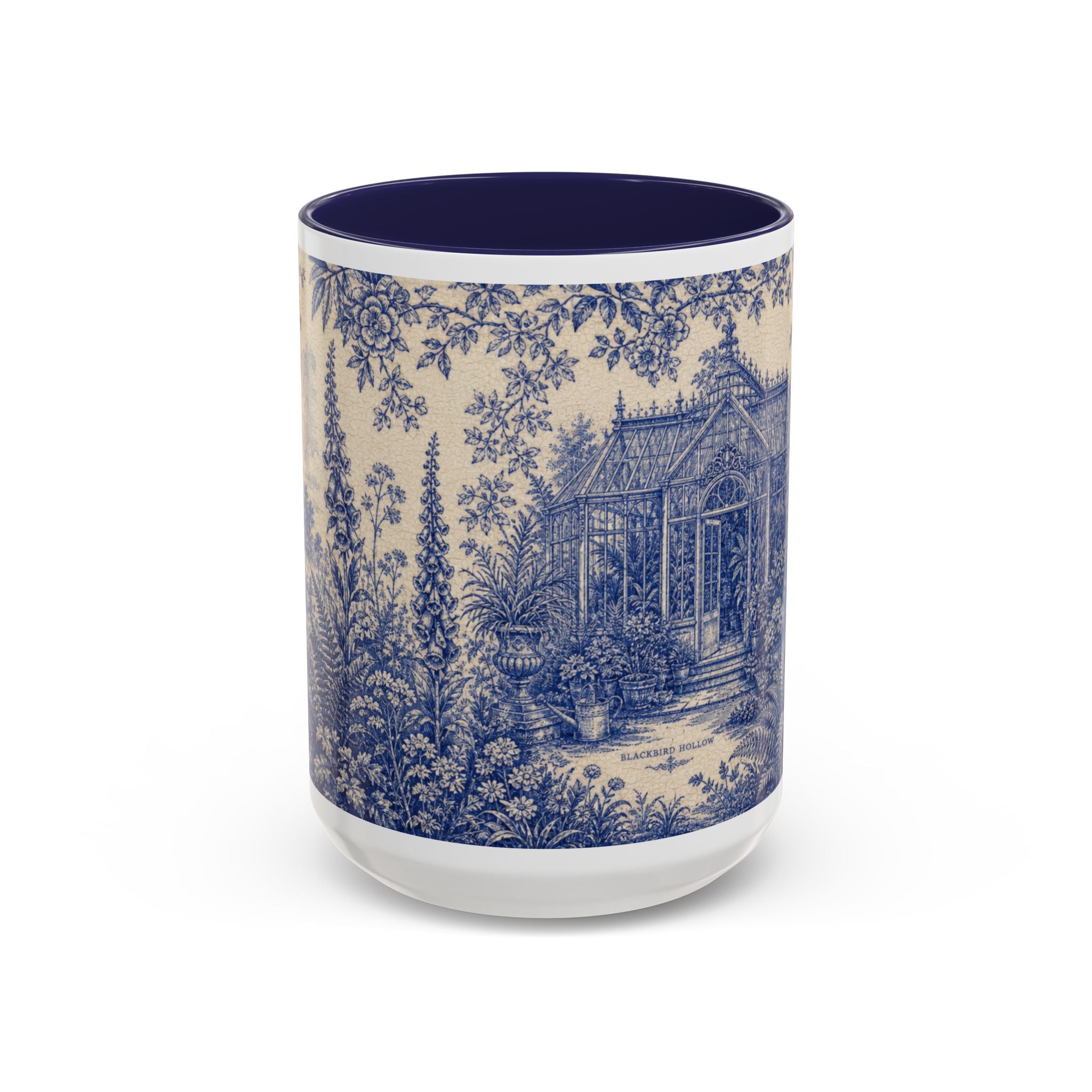 Blue Botanical Coffee Mug, Cobalt Greenhouse Garden Design