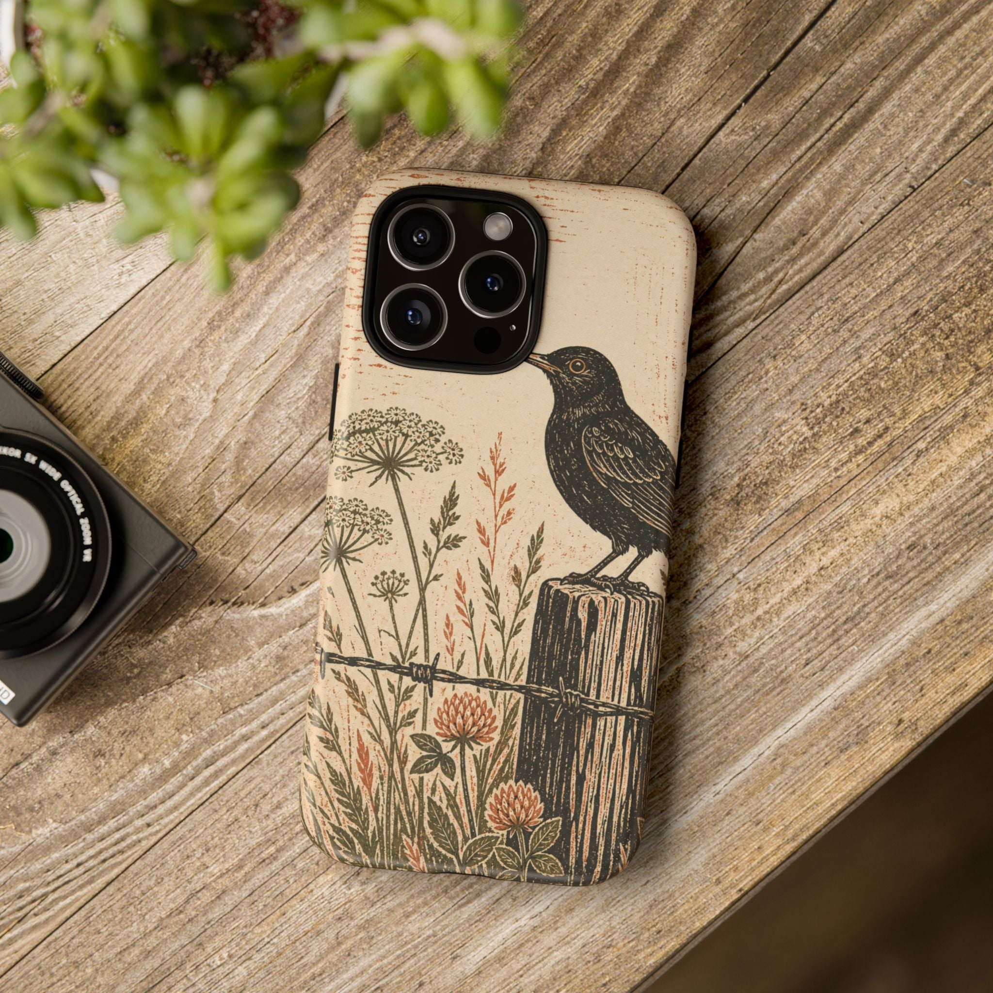 Rustic Matte iPhone Case for iPhone 15–17, Blackbird Linocut