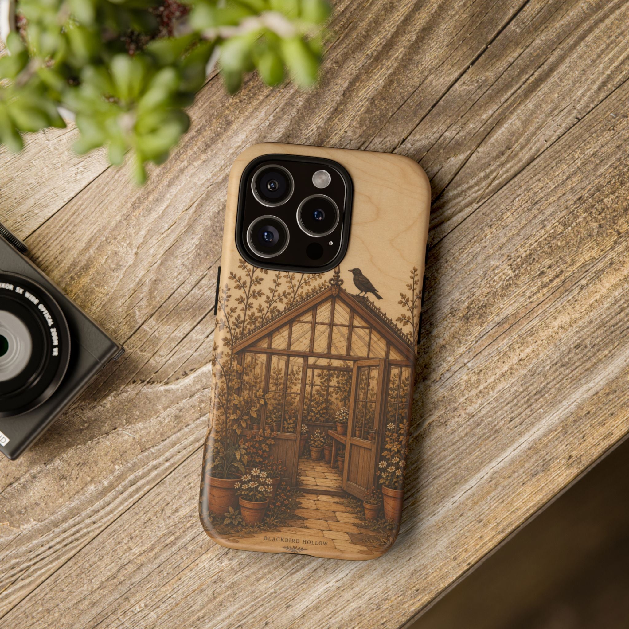 Botanical iPhone Case for iPhone 15–17, Wood Marquetry Greenhouse