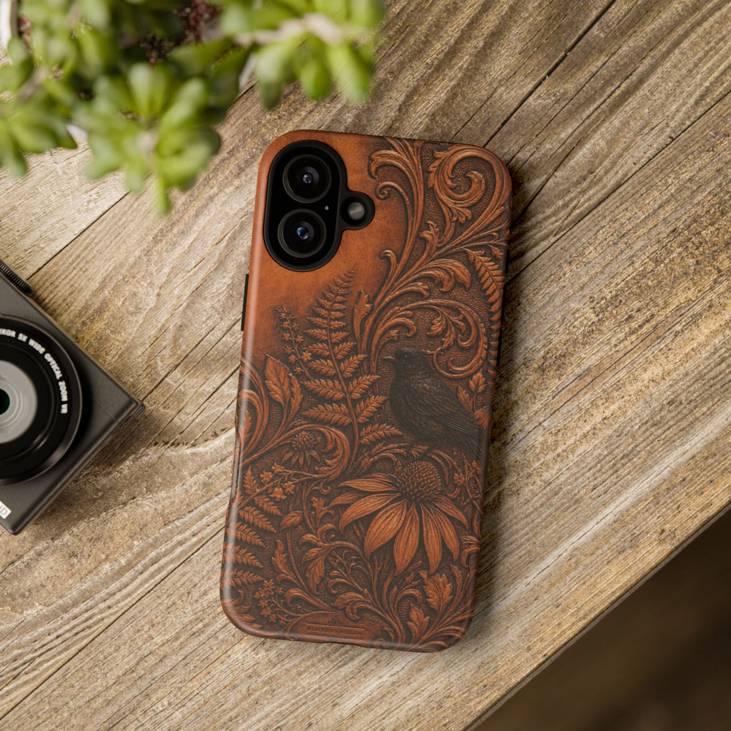 Floral Matte iPhone Case for iPhone 15–17, Tooled Leather Look