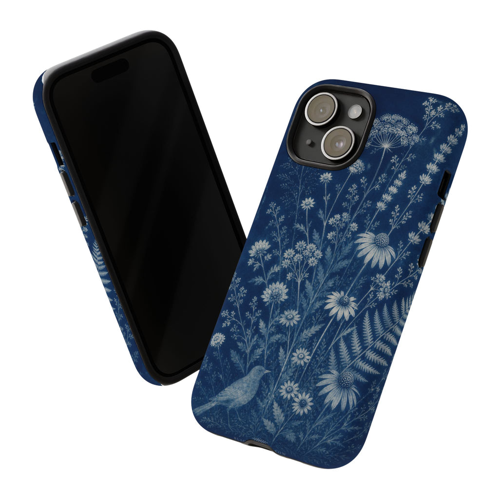 Blue Botanical iPhone Case for iPhone 15–17, Cyanotype Wildflowers