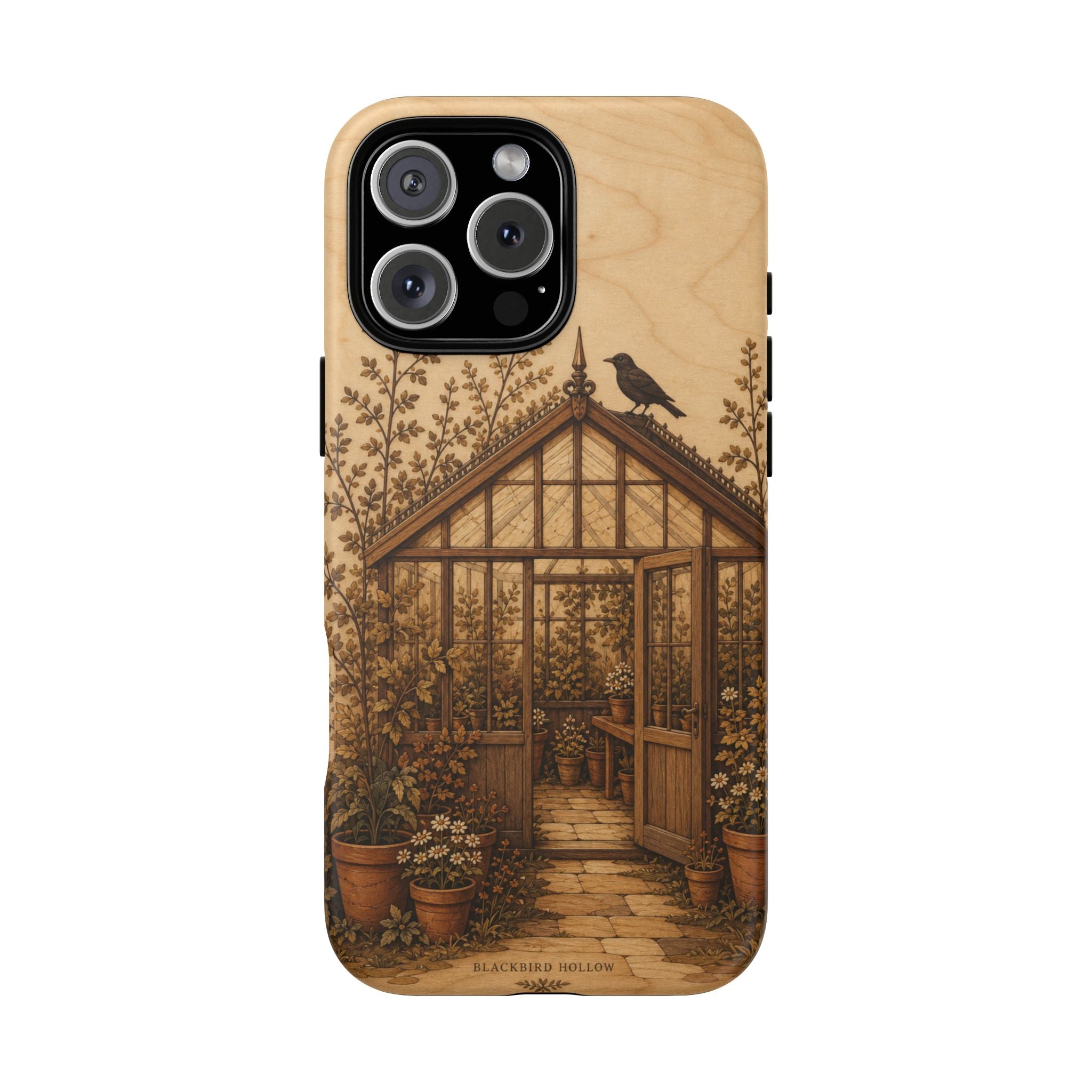 Botanical iPhone Case for iPhone 15–17, Wood Marquetry Greenhouse