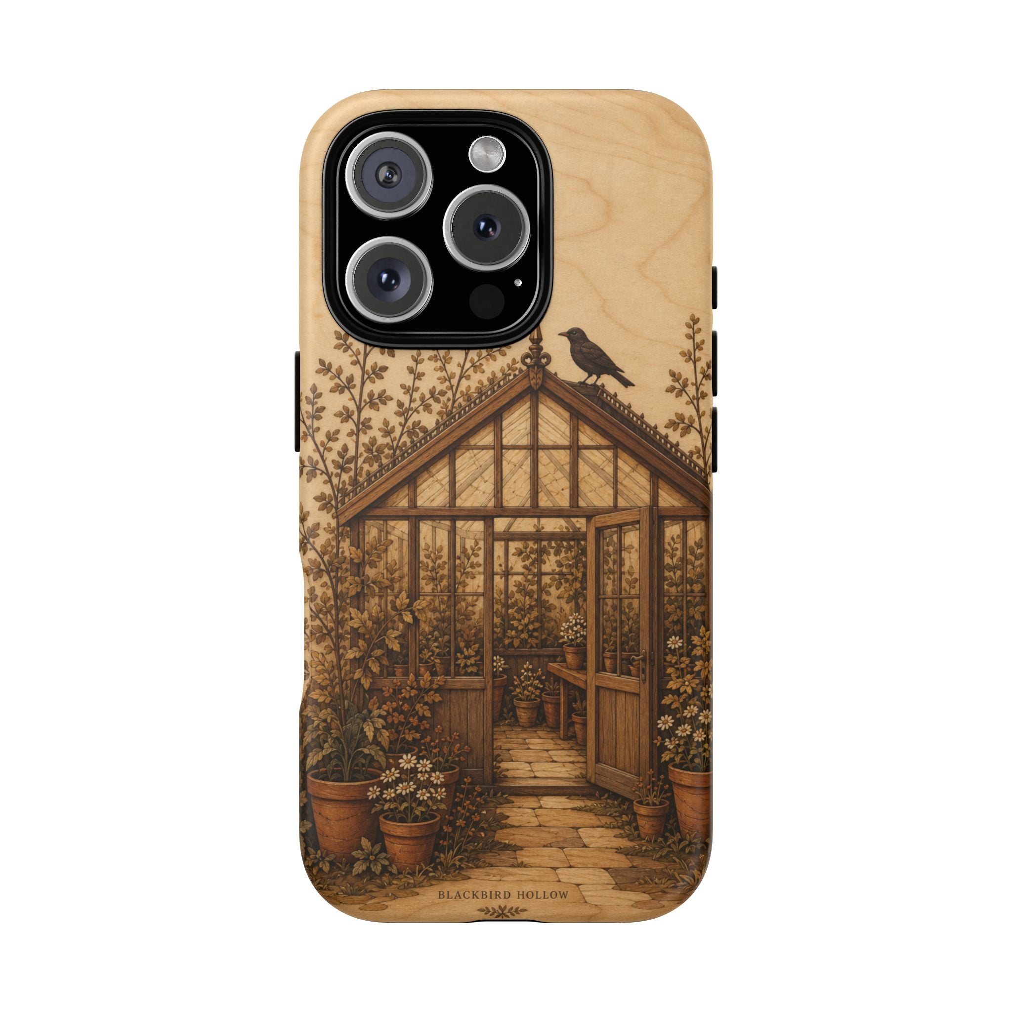 Botanical iPhone Case for iPhone 15–17, Wood Marquetry Greenhouse