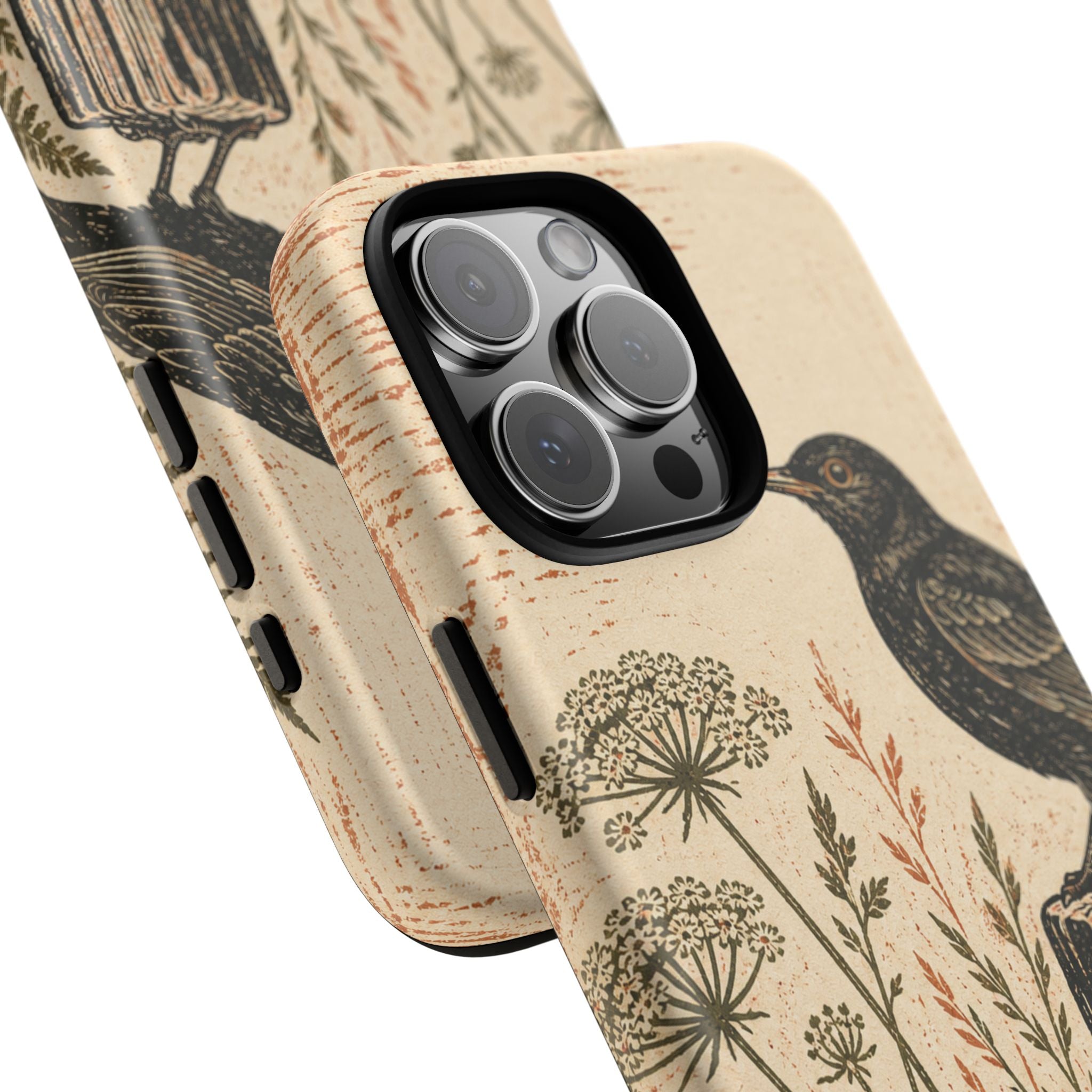Rustic Matte iPhone Case for iPhone 15–17, Blackbird Linocut
