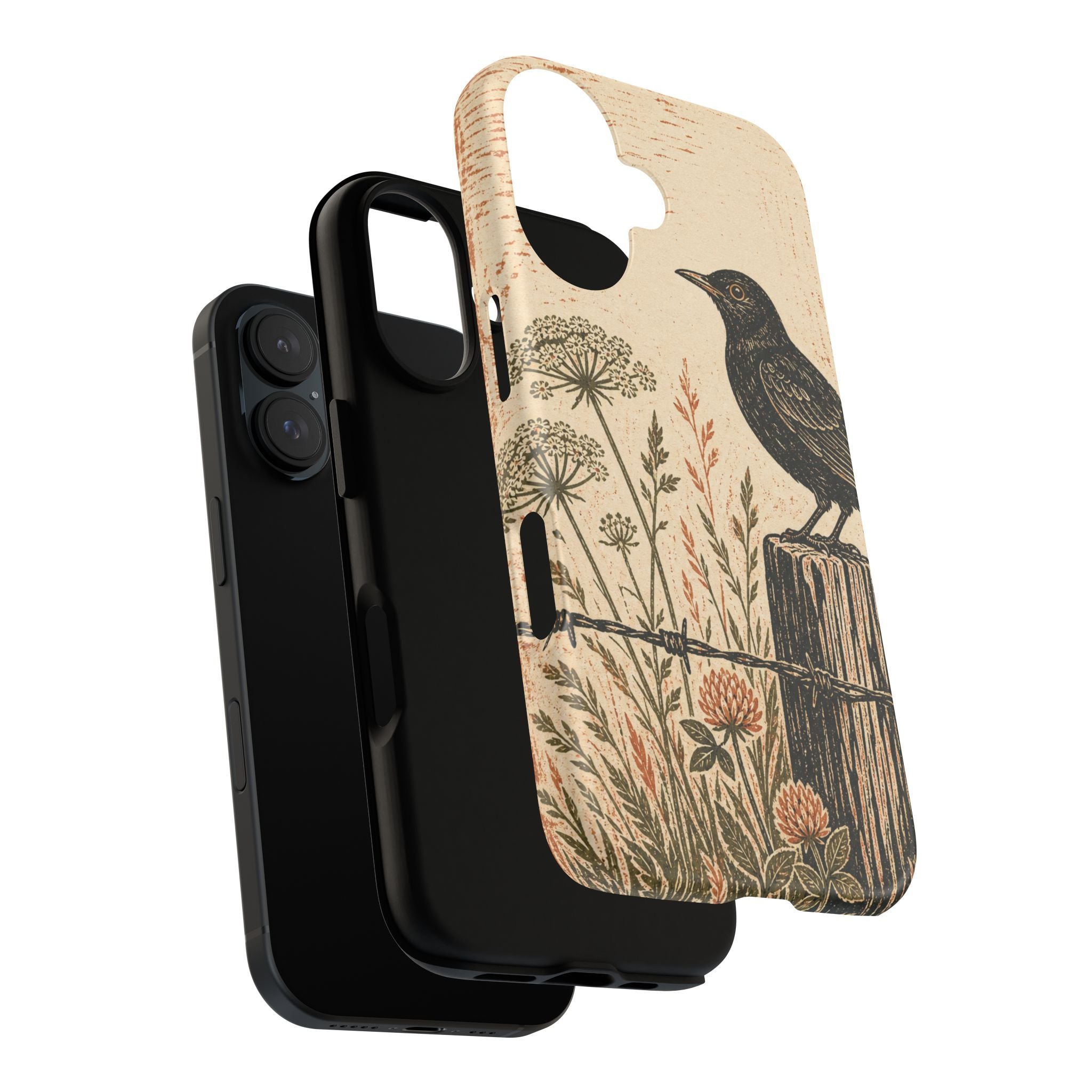 Rustic Matte iPhone Case for iPhone 15–17, Blackbird Linocut