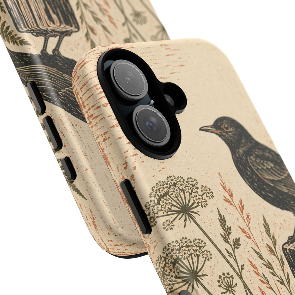 Rustic Matte iPhone Case for iPhone 15–17, Blackbird Linocut