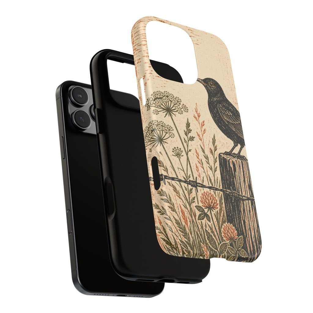 Rustic Matte iPhone Case for iPhone 15–17, Blackbird Linocut