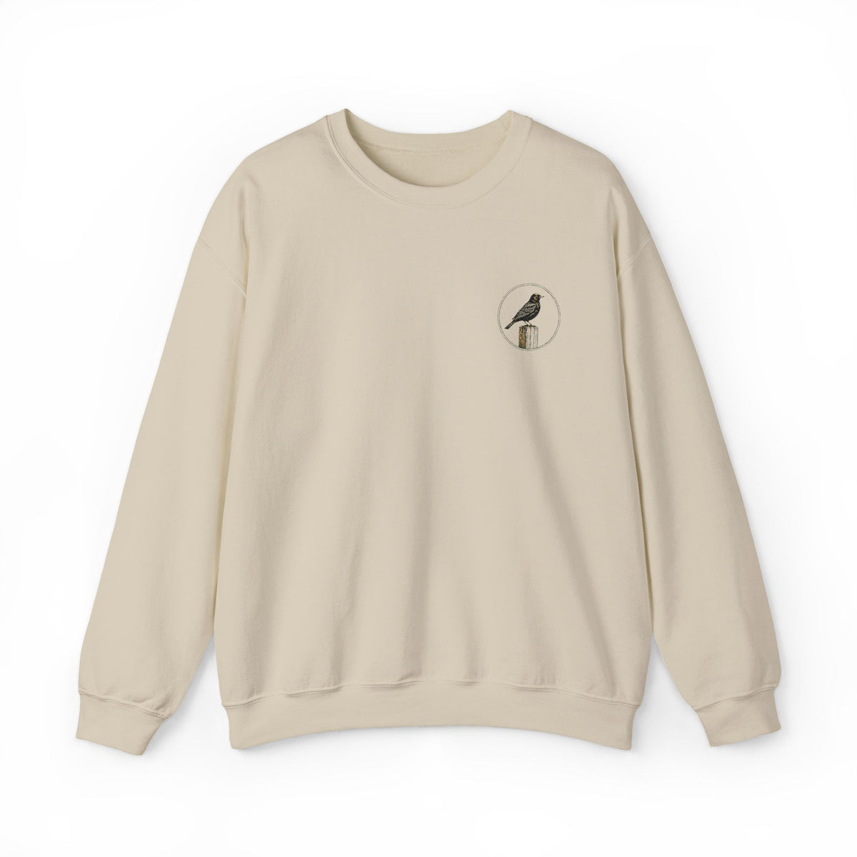 White Crewneck Sweatshirt with Embroidered Patch — Blackbird Graphic