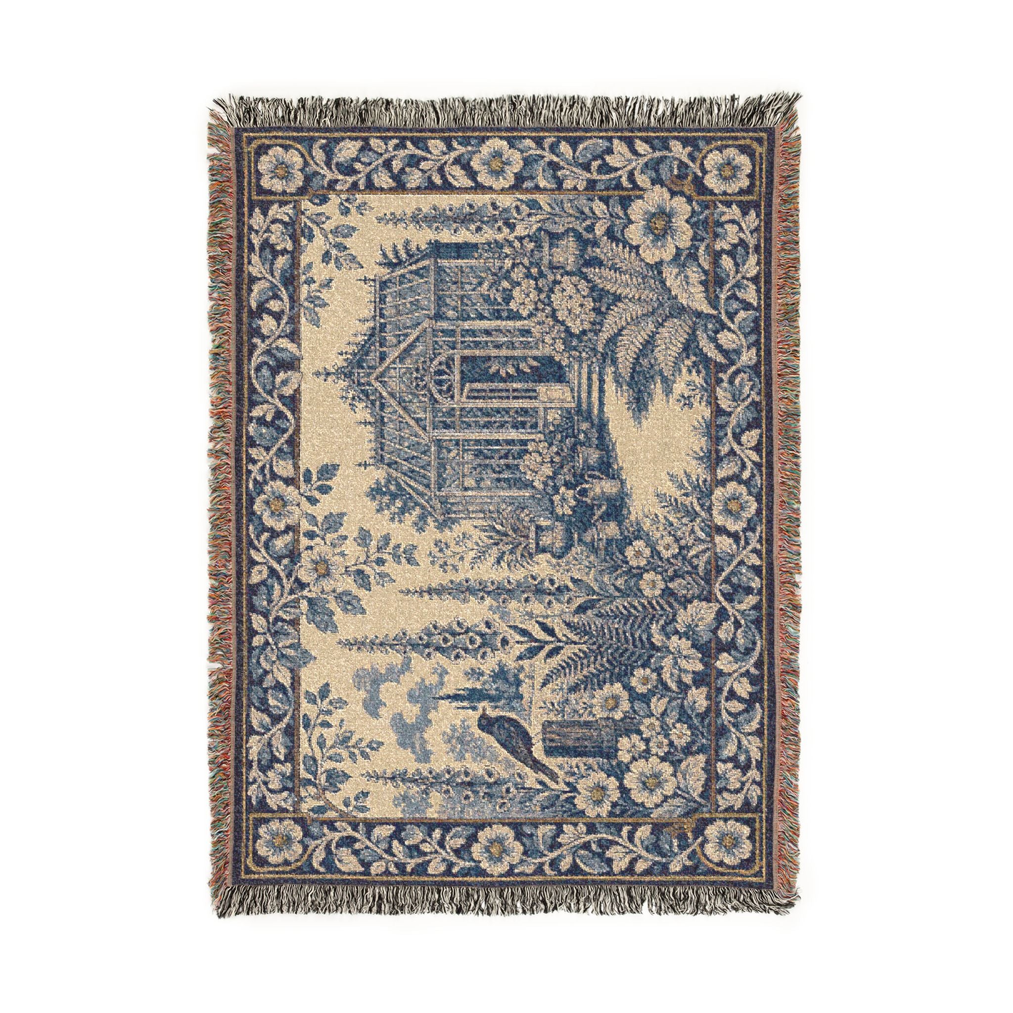 Blue Floral Woven Throw Blanket, Cobalt Greenhouse Tapestry