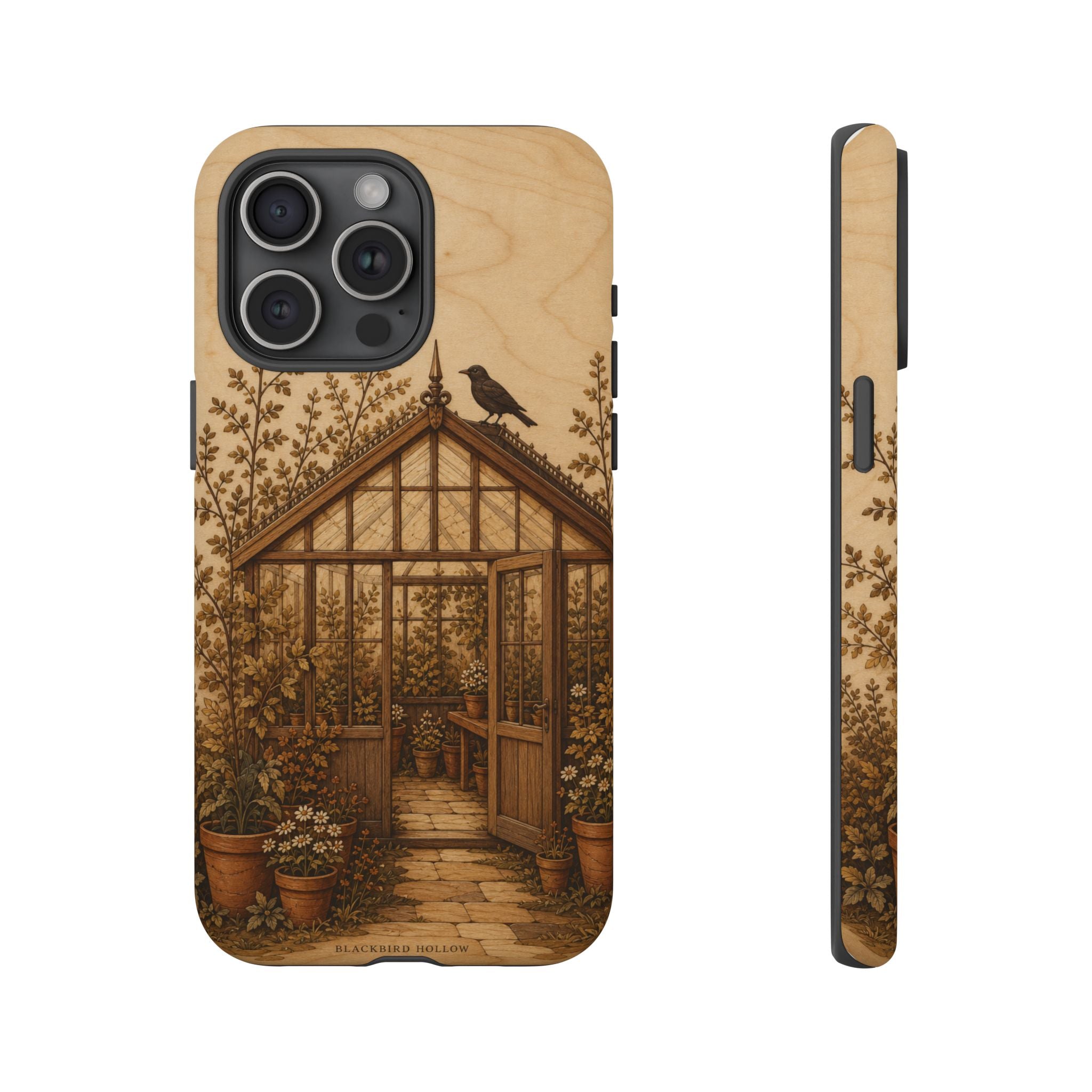 Botanical iPhone Case for iPhone 15–17, Wood Marquetry Greenhouse
