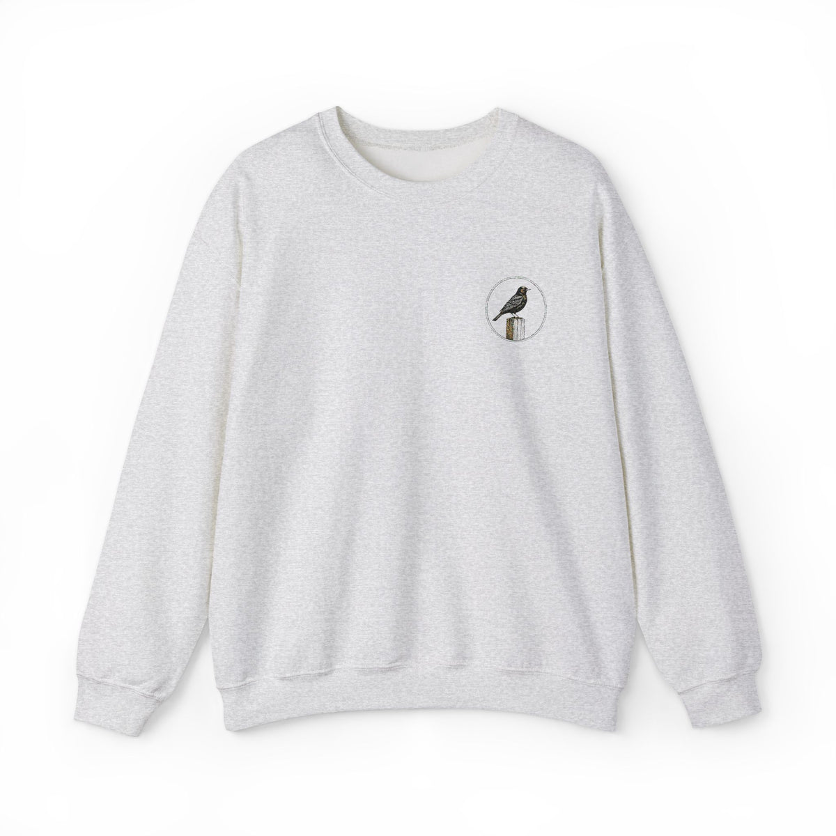 White Crewneck Sweatshirt with Embroidered Patch — Blackbird Graphic