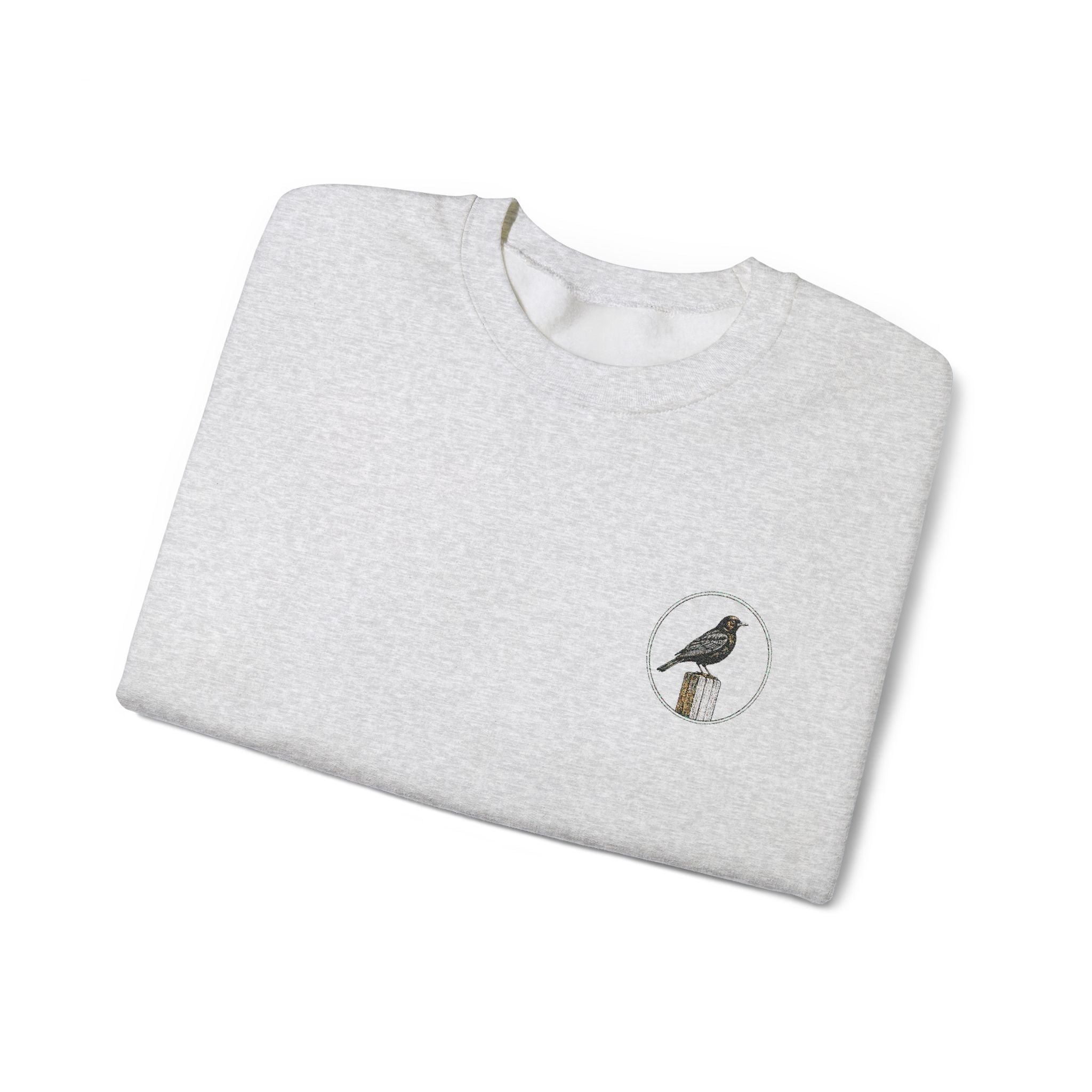 White Crewneck Sweatshirt with Embroidered Patch — Blackbird Graphic