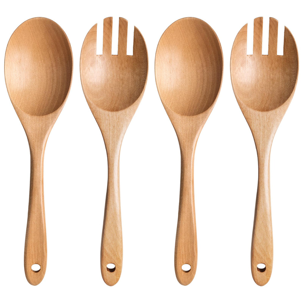Wooden Salad Servers — Carved Spoon & Fork Set (4 pc)