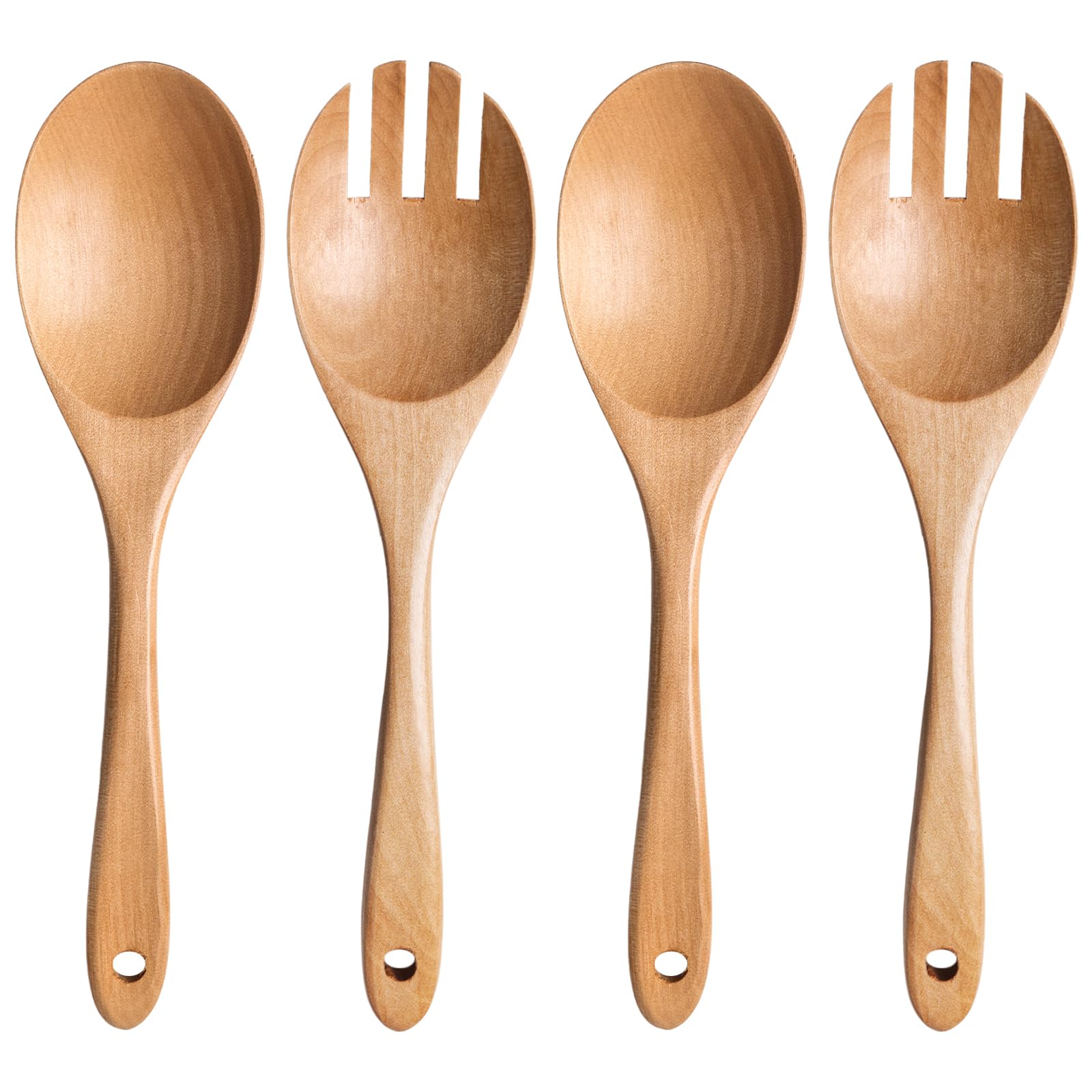 Wooden Salad Servers — Carved Spoon & Fork Set (4 pc)