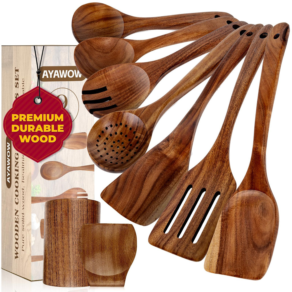 Teak Kitchen Utensil Set — 9 Pieces with Crock