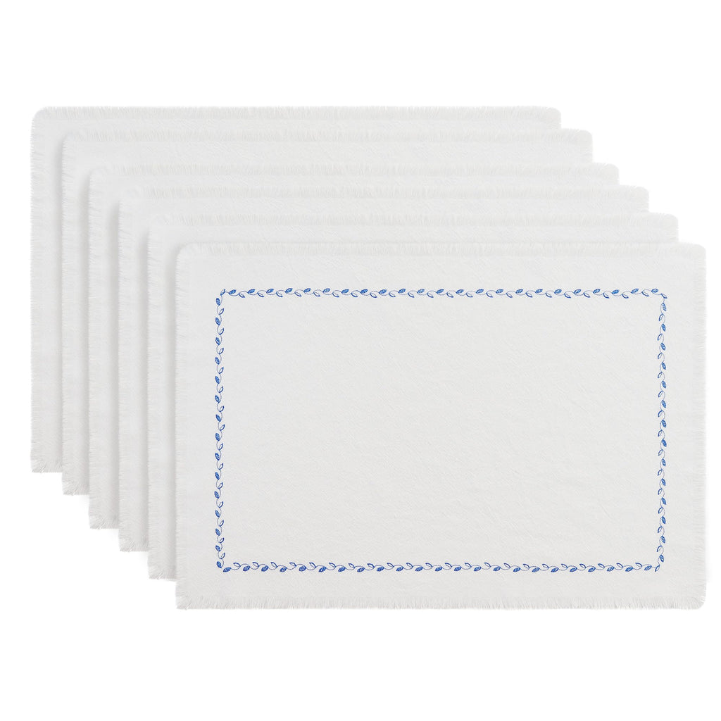 Embroidered Cotton Placemats — White with Tassels (Set of 6)
