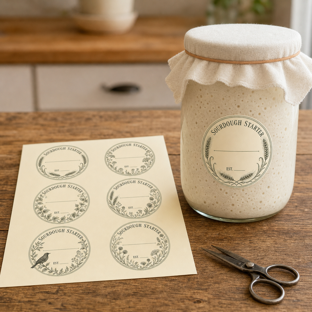 The Crock Labels on a cloth-capped starter jar