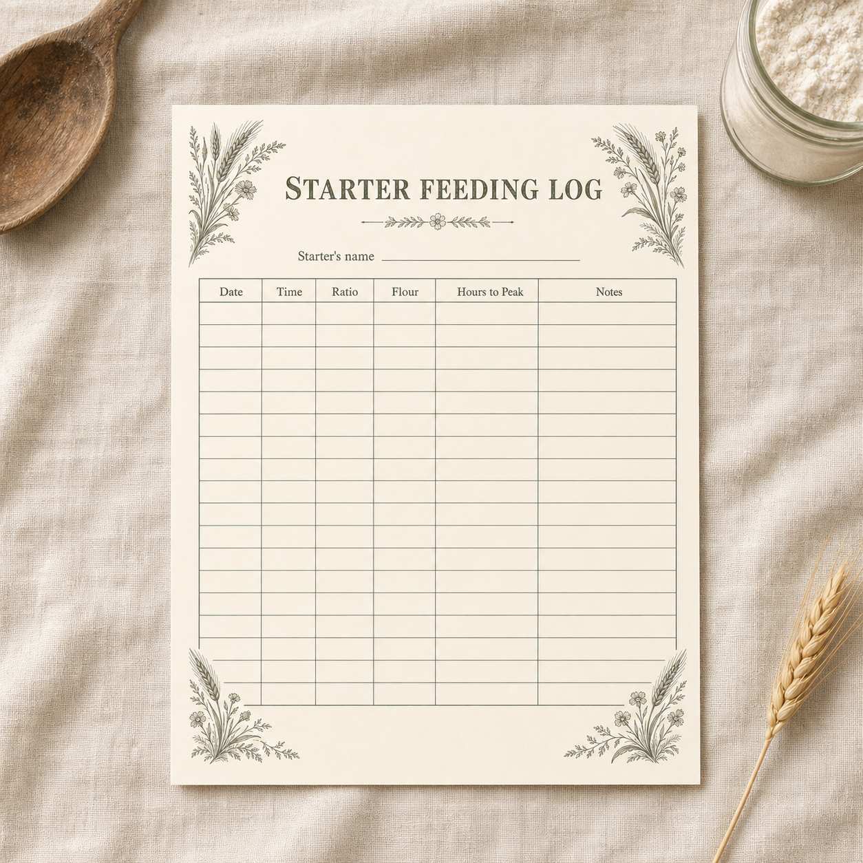 The Starter Feeding Log styled in a kitchen
