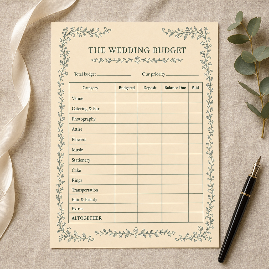 The Wedding Budget printable styled on a desk