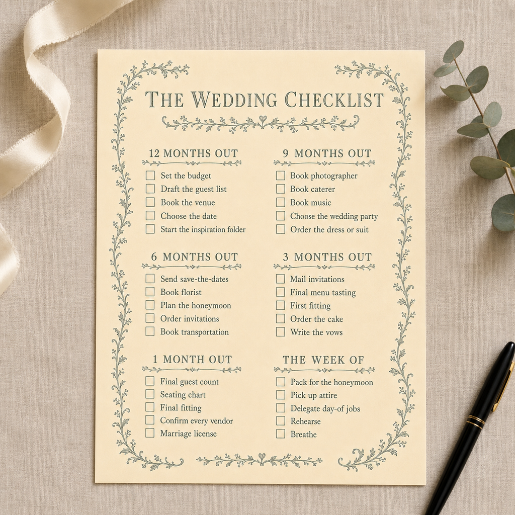 The Wedding Checklist printable styled on a desk