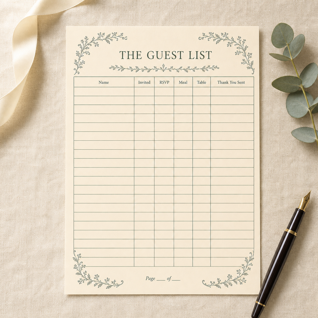 The Guest List printable styled on a desk