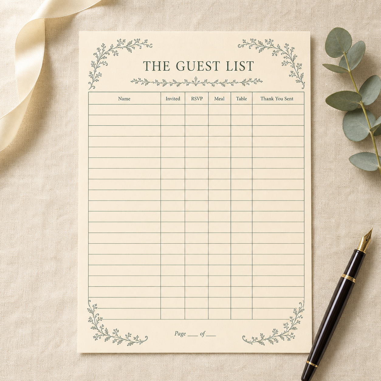 The Guest List printable styled on a desk