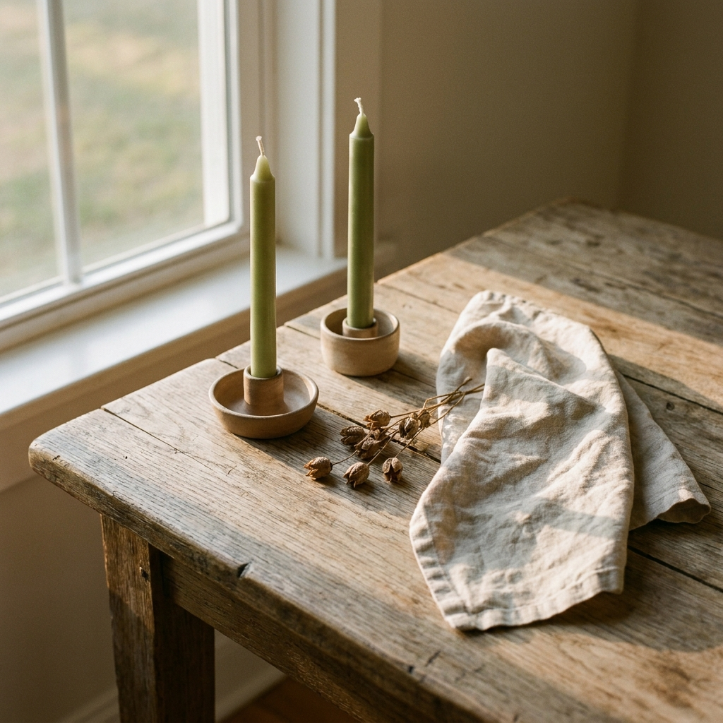 Hand-dipped moss-green beeswax taper candles on a weathered oak table — Blackbird Hollow