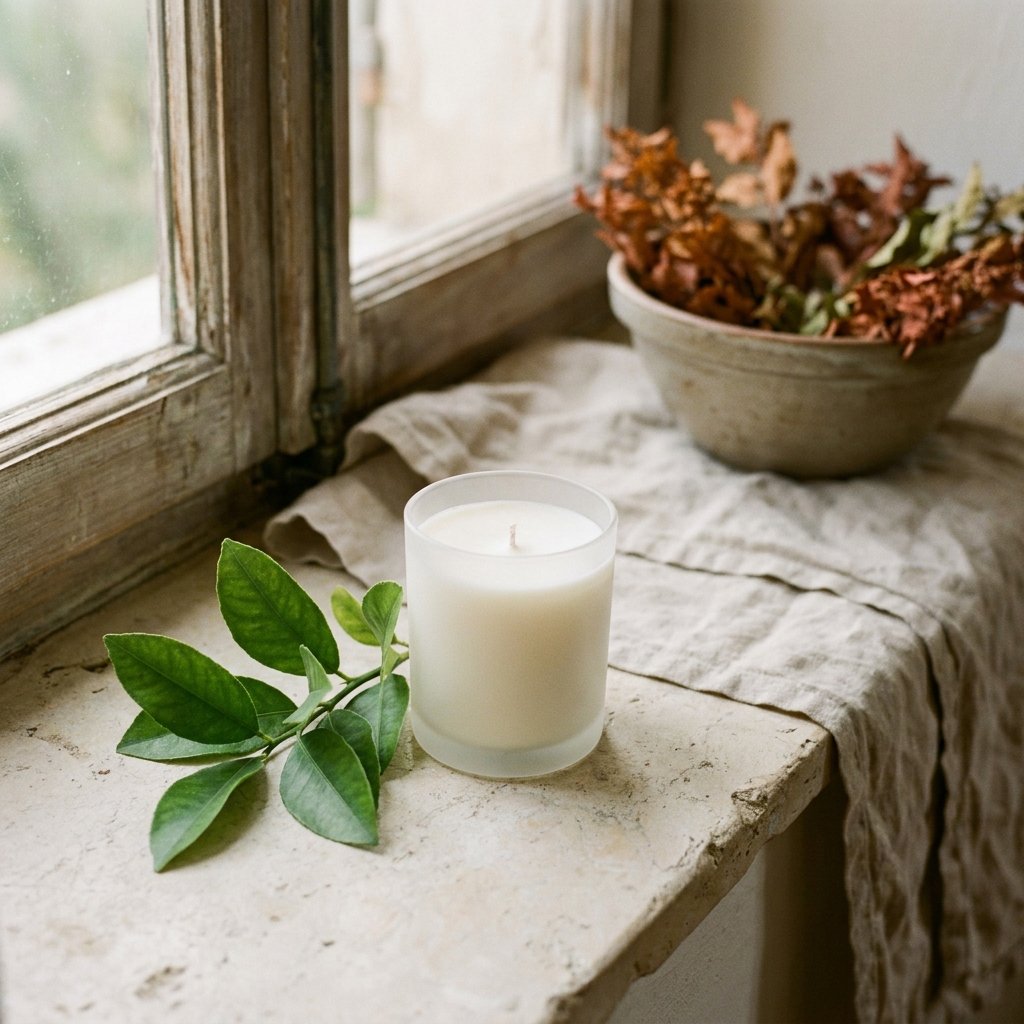 Soy candle in a frosted-glass jar on a stone windowsill with citrus leaves — Blackbird Hollow