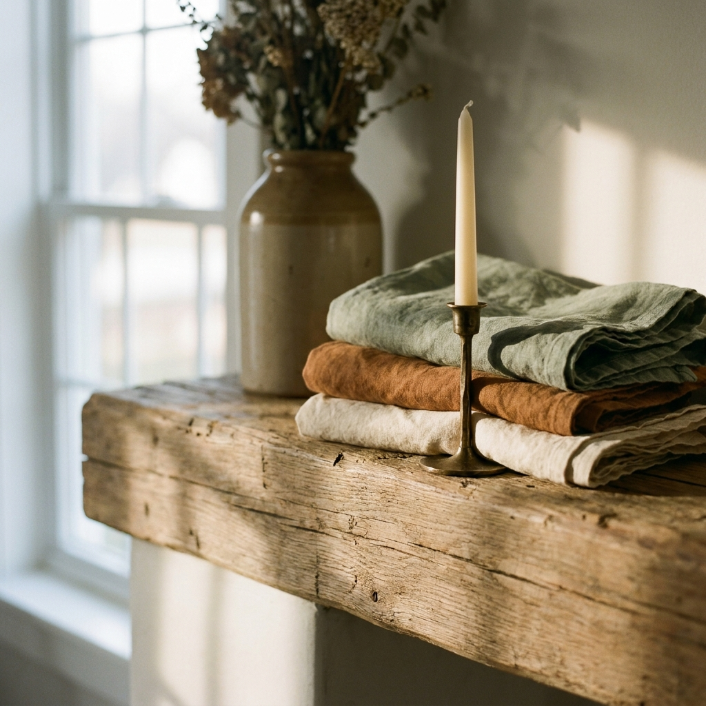 Hand-forged antique-brass taper holder with a cream candle on an oak mantel — Blackbird Hollow