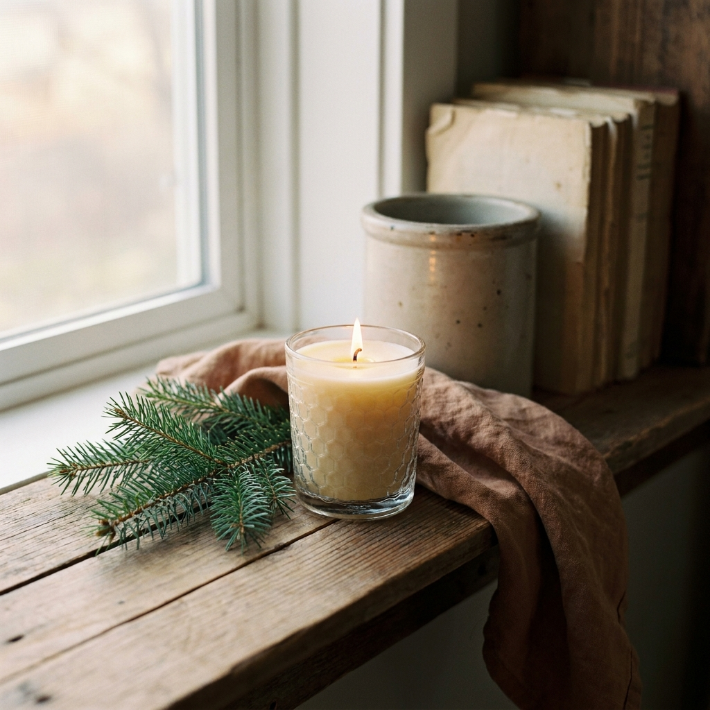 Beeswax-blend candle in honeycomb-pressed glass beside fresh balsam — Blackbird Hollow