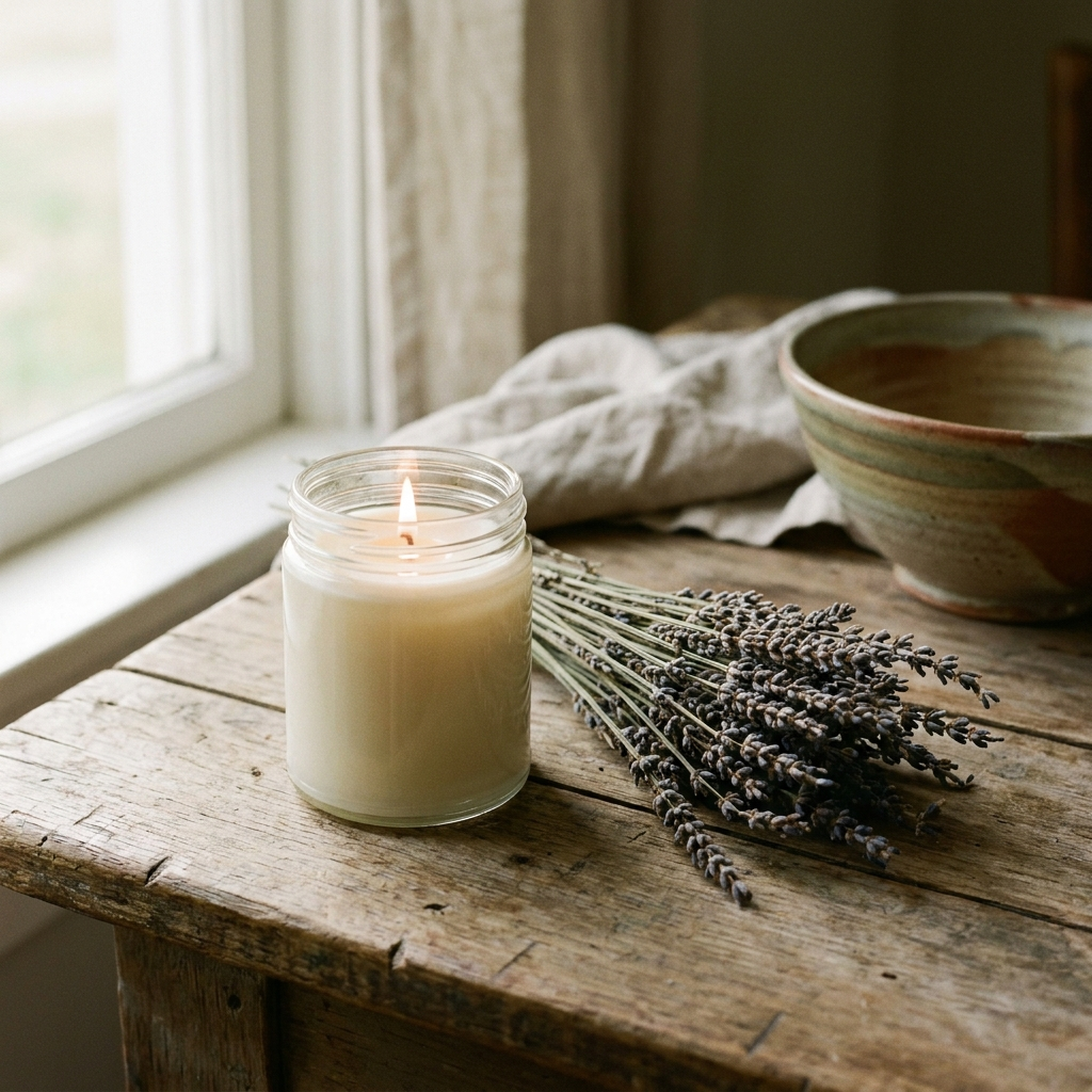 Soy candle in a clear jar beside dried lavender on weathered wood — Blackbird Hollow