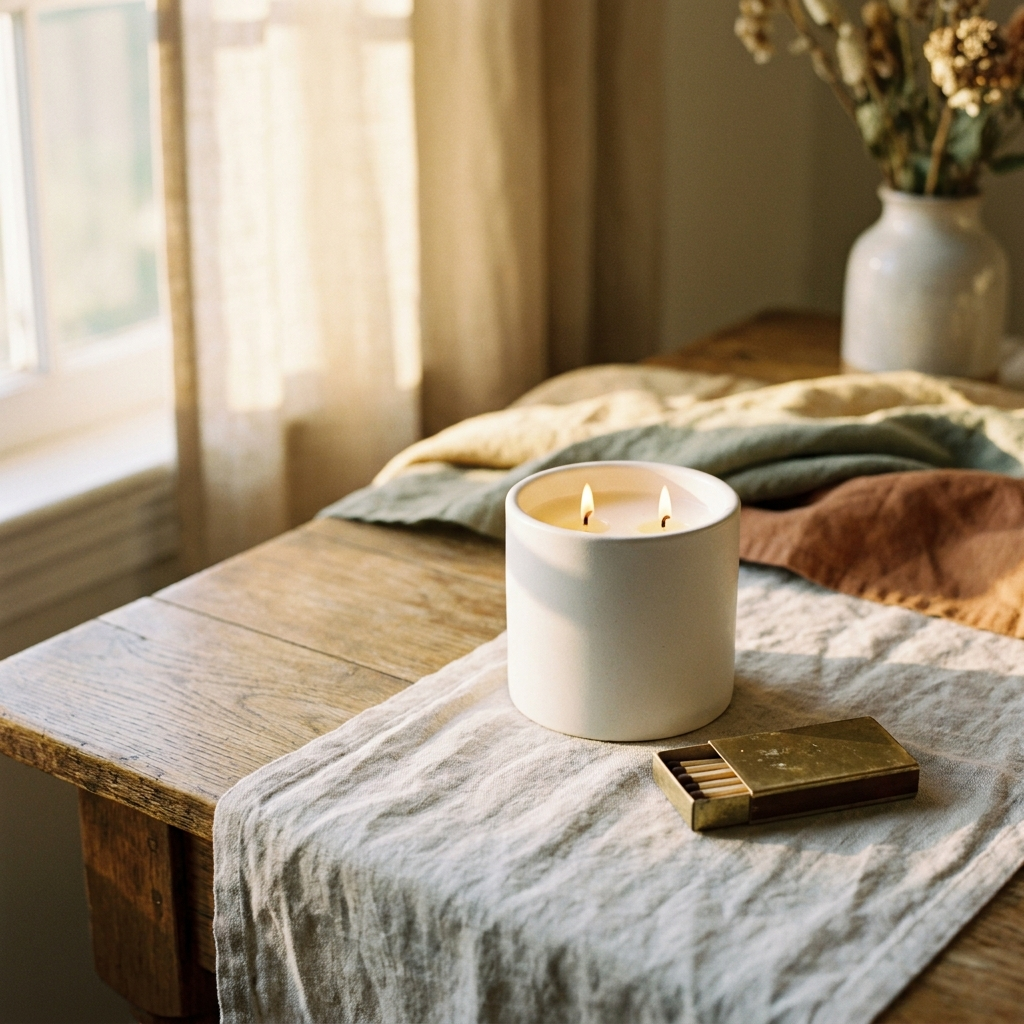 Two-wick candle in a matte white jar on a linen runner — Blackbird Hollow