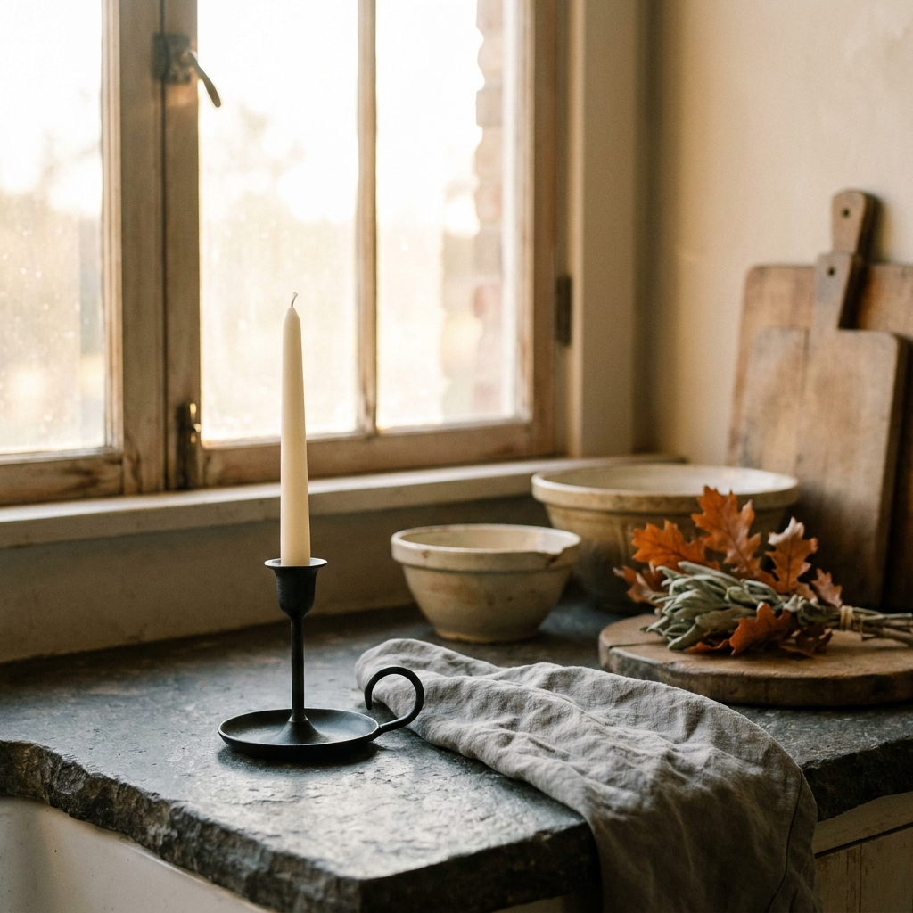 Matte-black wrought-iron taper holder with an ivory candle on stone — Blackbird Hollow