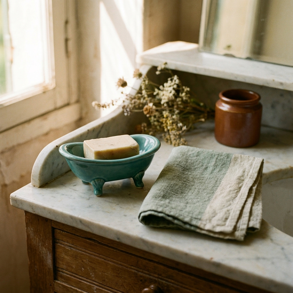 Glazed teal clawfoot-tub soap dish with a bar of soap on a marble washstand — Blackbird Hollow
